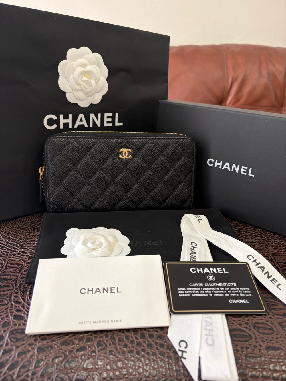 CHANEL Classic Black Caviar Zip Around Wallet Gold Hardware Full Set 29 Series